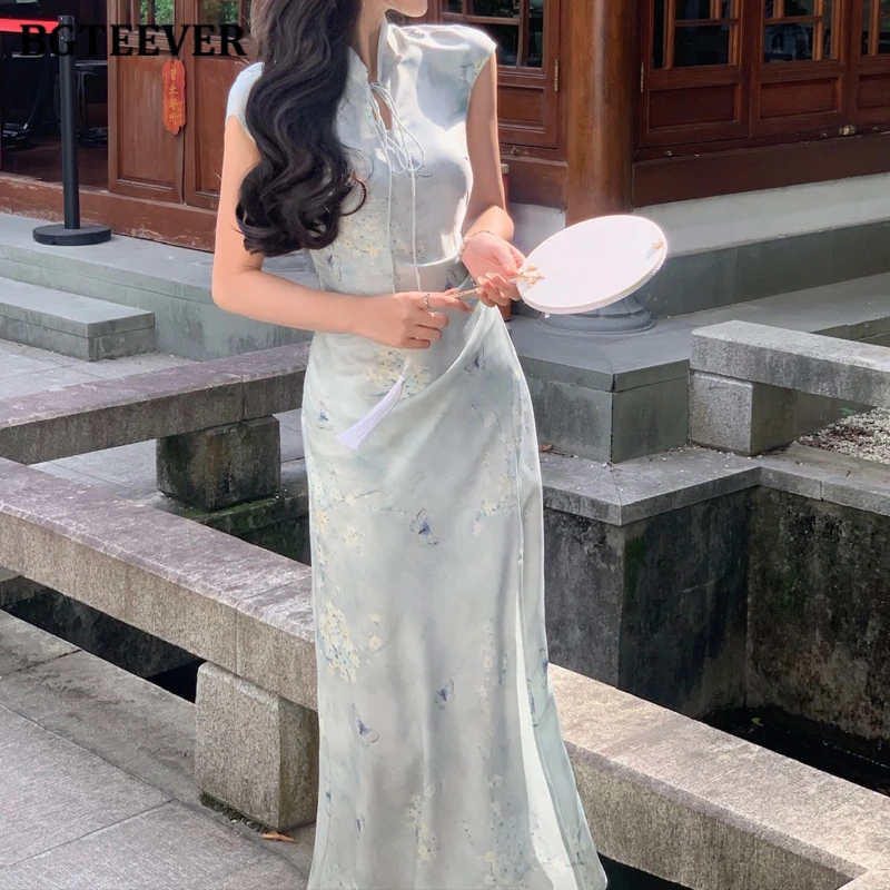 BGTEEVER Summer Vintage Stand Collar Lace-up Women cheongsam Package Hip Dress Elegant Slim Ladies Side Split Bodycon Dress