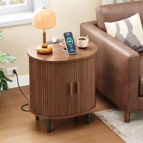 Oval End Table with Storage & Charging Station, Fluted Accent Side Table with Sliding Door & Adjustable Shelf