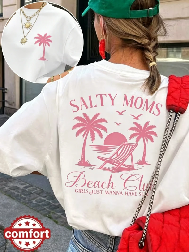 Salty Moms Beach Club Print T-shirt Palm Tree Sunset Graphic Short Sleeve Tops Women Casual Loose Streetwear Daily Wear Tee