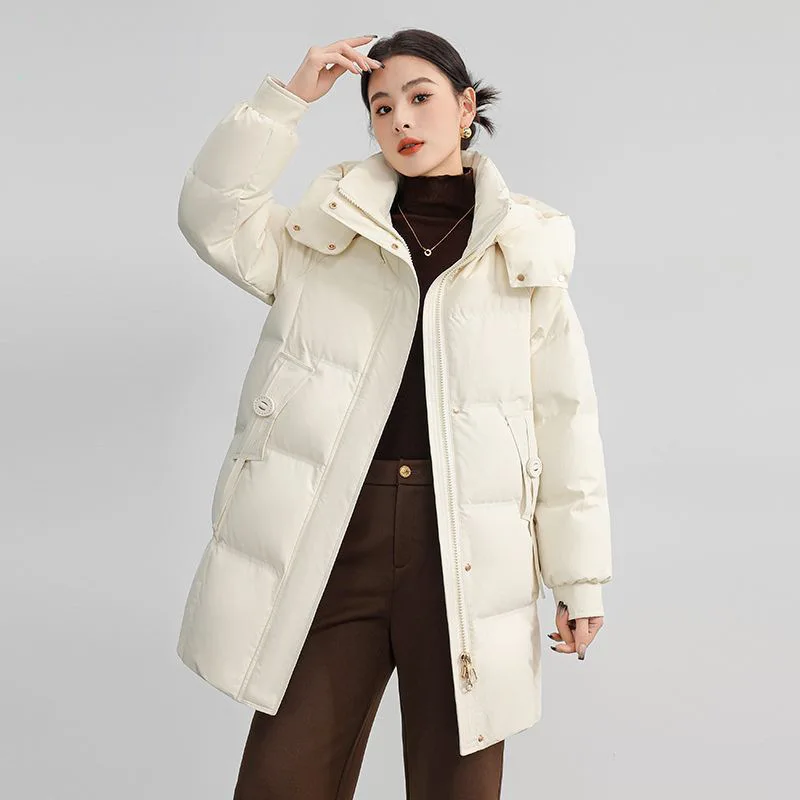 Women Hooded Parkas Coats Mid Lenth Jacket Solid Oversize Zipper Long Sleeve Thick Loose Fit Office Lady Casual Winter 2025