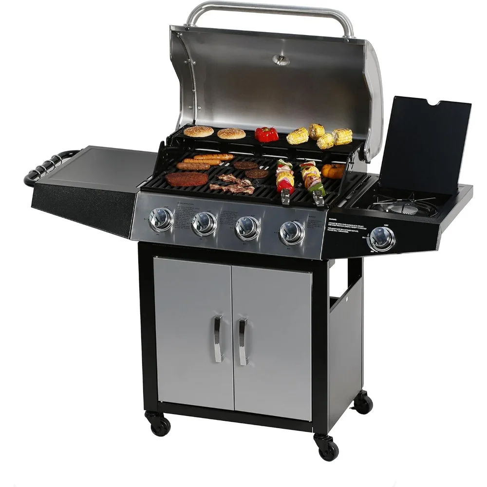 Gas Grill, BBQ 4-Burner Cabinet Style Grill Propane with Side Burner with 12,000-BTU Lidded Side Burner, Stainless Steel