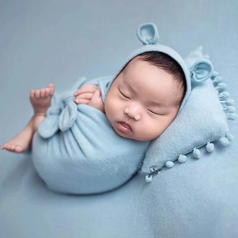 Newborn Baby Photography Props Bonnet Hat Bow Wrap Stretch Fabric Blanket and Posing Pillow Photo Shoot Prop Milestone Photo