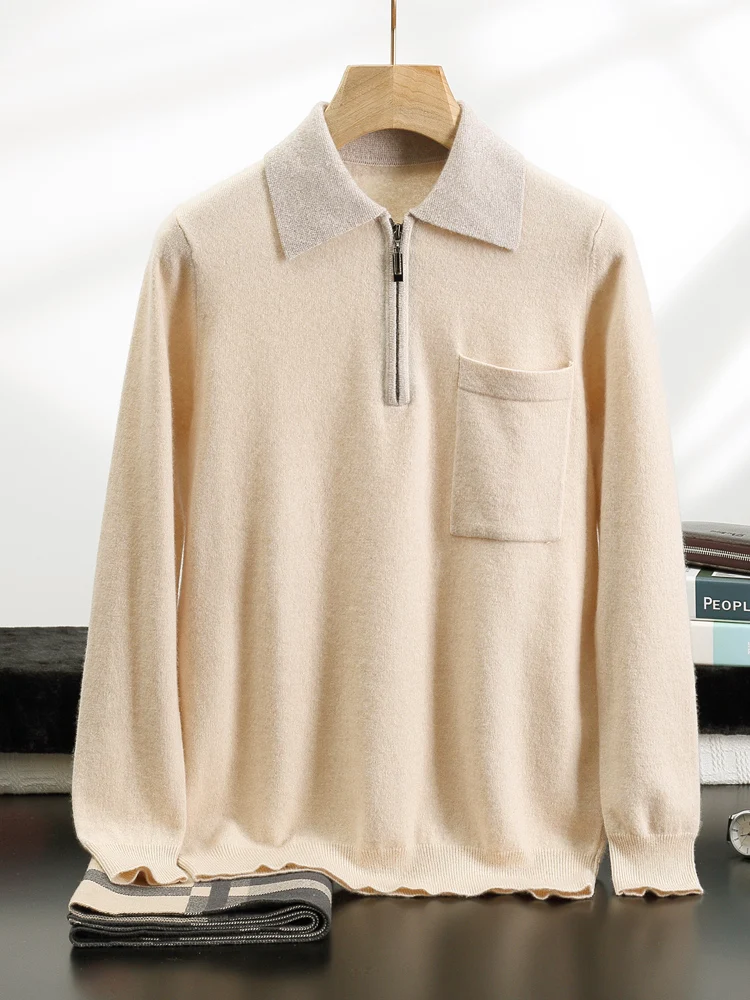 Maglione con colletto polo in colore a contrasto Autunno Inverno Pullover casual da uomo 100% maglieria in cashmere Mezza cerniera Design Abbigliamento maschile