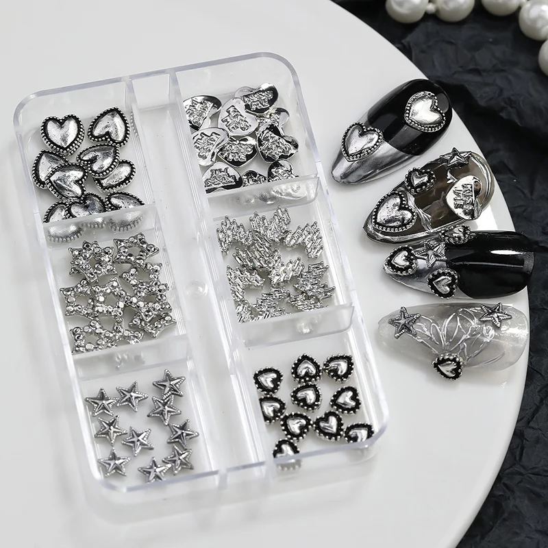 6-Compartment Alloy Heart & Five-Pointed Star Shape Nail Art Charm Boxed Metal Nail Rhinestones Ornament For Girls & Ladies