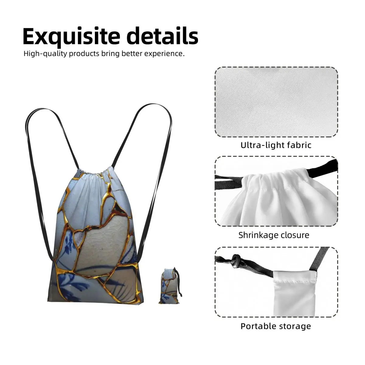 Kintsugi Drawstring Backpack hiking cycling Bag Portable Travel Drawstring Bag for Men Women