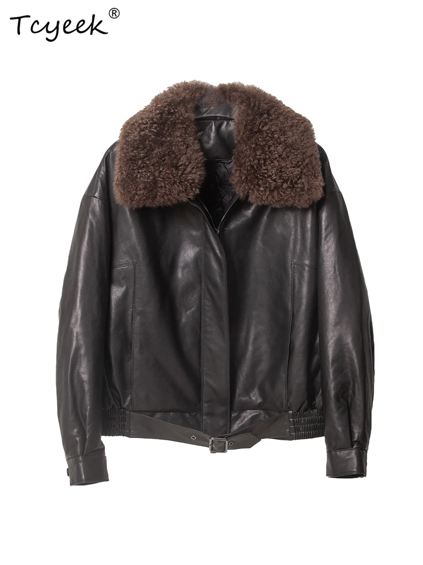 Tcyeek Real Leather Jacket Women Autumn Winter Clothes 90% Goose Down Coat Natural Sheepskin Motocycle Jackets Lamb Wool Collar