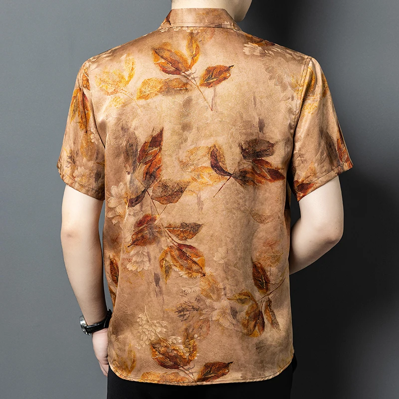 Gambiered Canton Gauze Shirts For Men Short Sleeve Print Pocket Summer Quality 100% Silk Lightweight Luxurious Camisas De Hombre