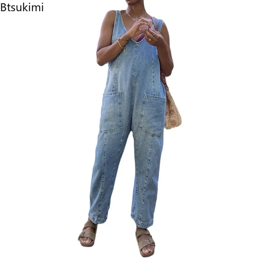 2025 Women\'s Fashion Casual Denim Jumpsuits Splice Double Pockets Deep V-neck Backless Suspenders Rompers One Piece Jeans Femme