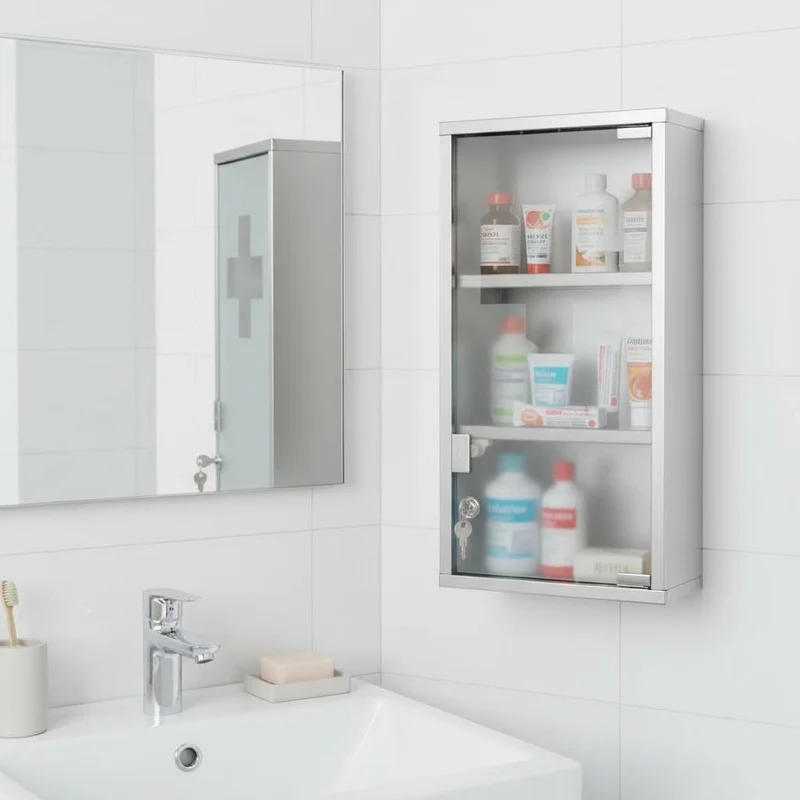 Armoire à pharmacie en acier inoxydable, 3 compartiments, avec serrure, argentée, 25x12x48cm, facile à nettoyer, rangement de premiers secours de qualité