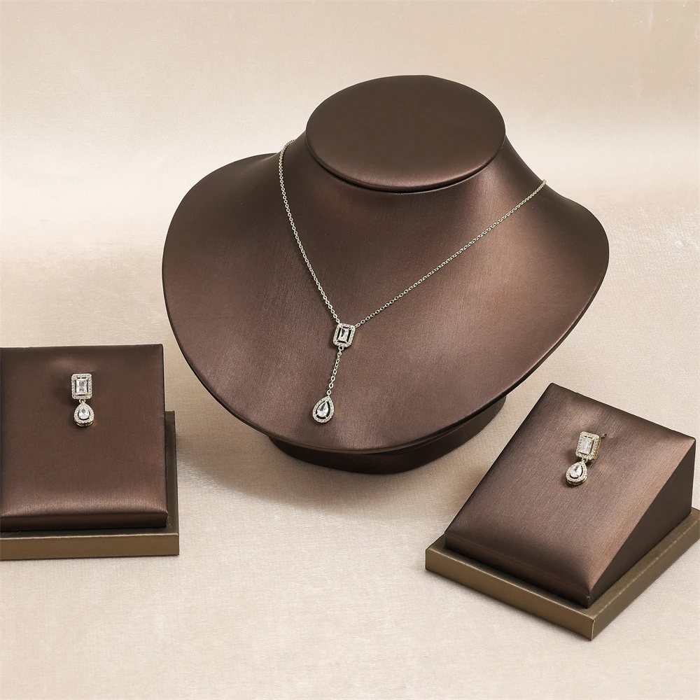 الكلاسيكية مربع قطرة الماء الزركون خاتم قلادة القرط الرائعة لامعة حفل زفاف خطوبة مجوهرات هدايا للنساء #3