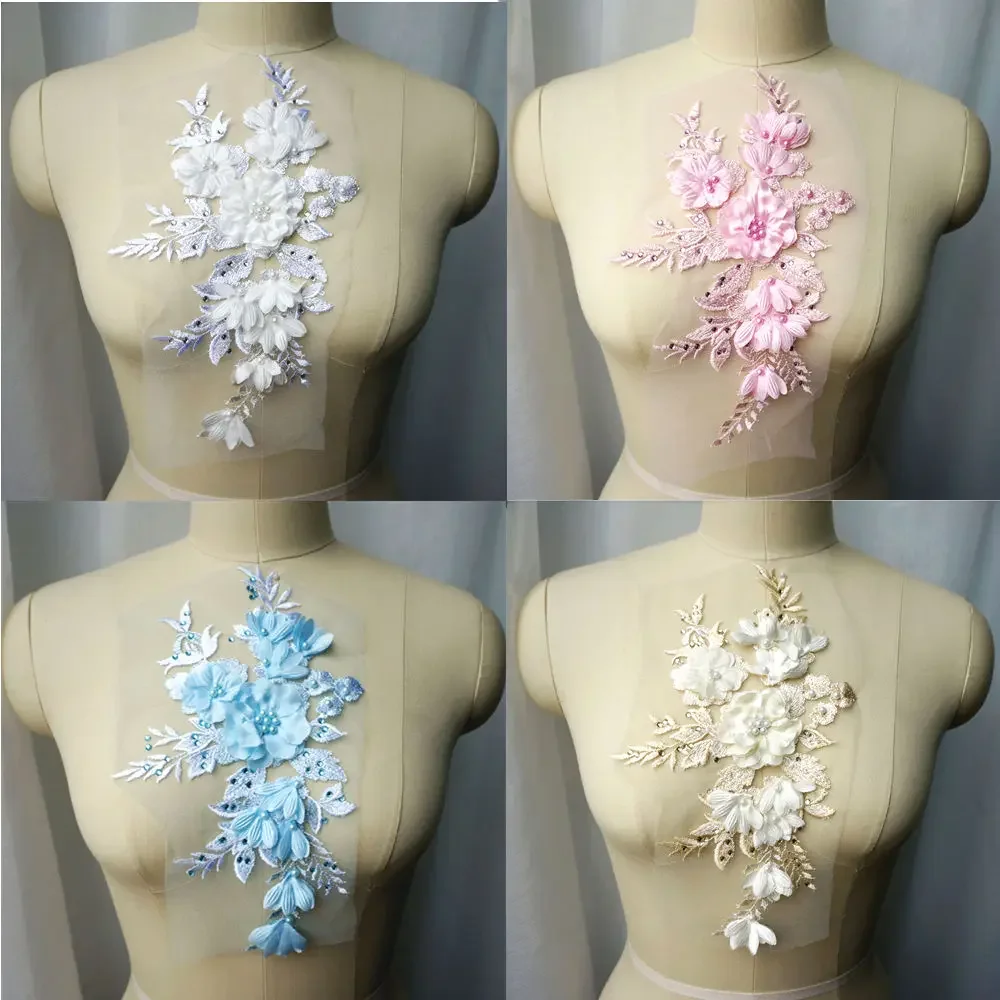 White Blue Red 3D Flowers Beads Rhinestones Appliques Embroidered Wedding Gown Decoration Mesh Fabric Sew Patch For Dress DIY