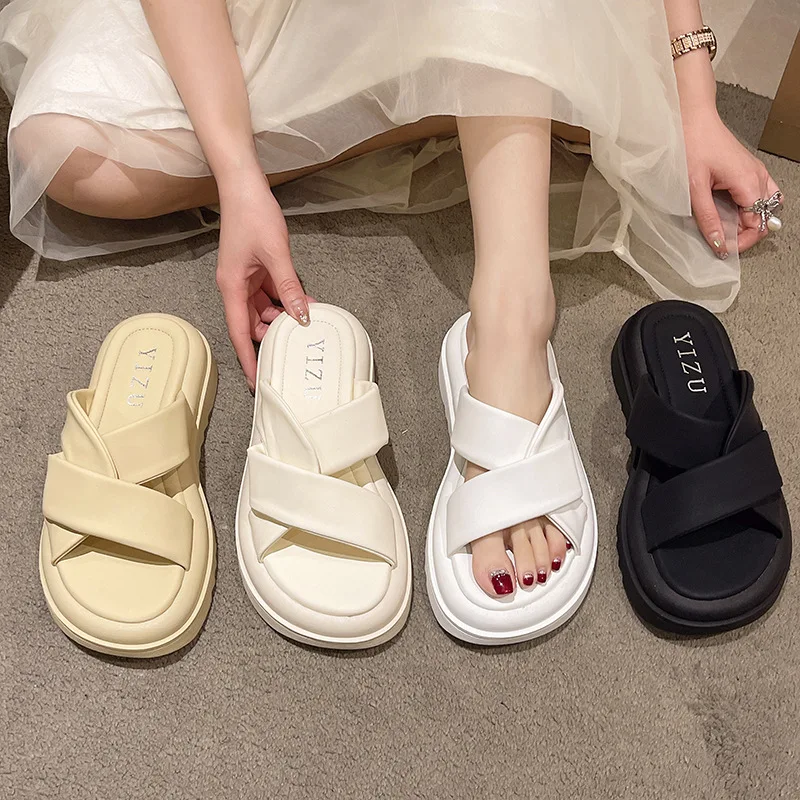 Women Fashion Design Casual Slippers Hook Loop Open-toed Outside Women Outdoor Cross-tied Slippers Platform Soft-soled Sandals