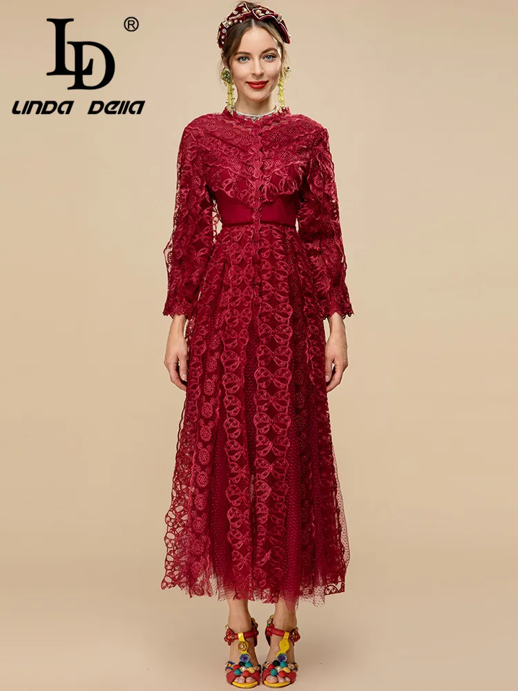 LD LINDA DELLA Spring Runway Vintage Red Mesh Dress Women Long sleeve Lace Patchwork Embroidery Fashion Long Party Dress