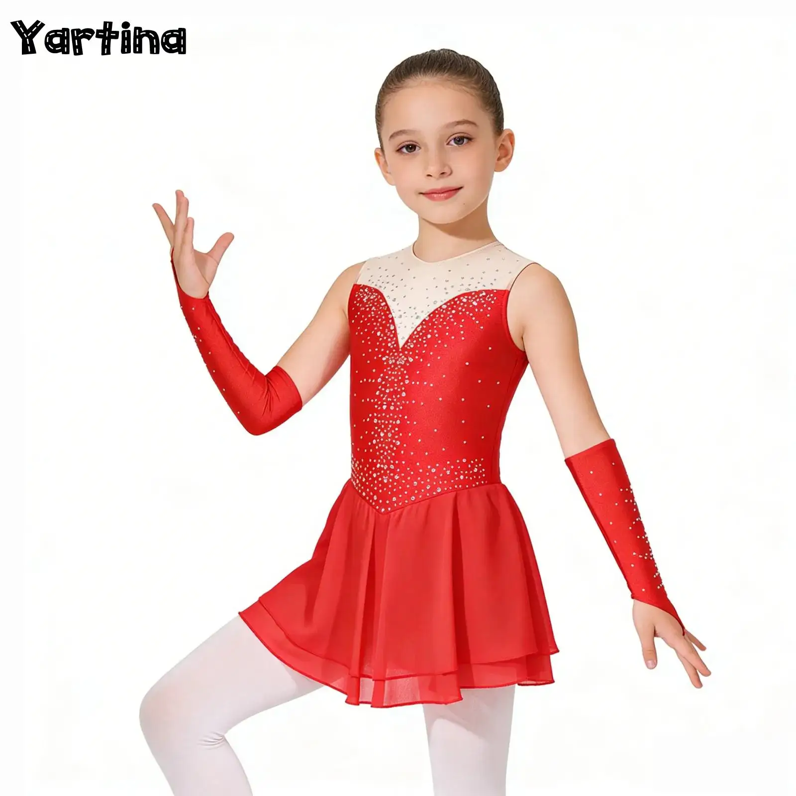 

Kids Girls Artistic Figure Skating Ballet Lyrical Dance Costume Glittering Rhinestone Rhythm Gymnastics Dance Dress with Gloves