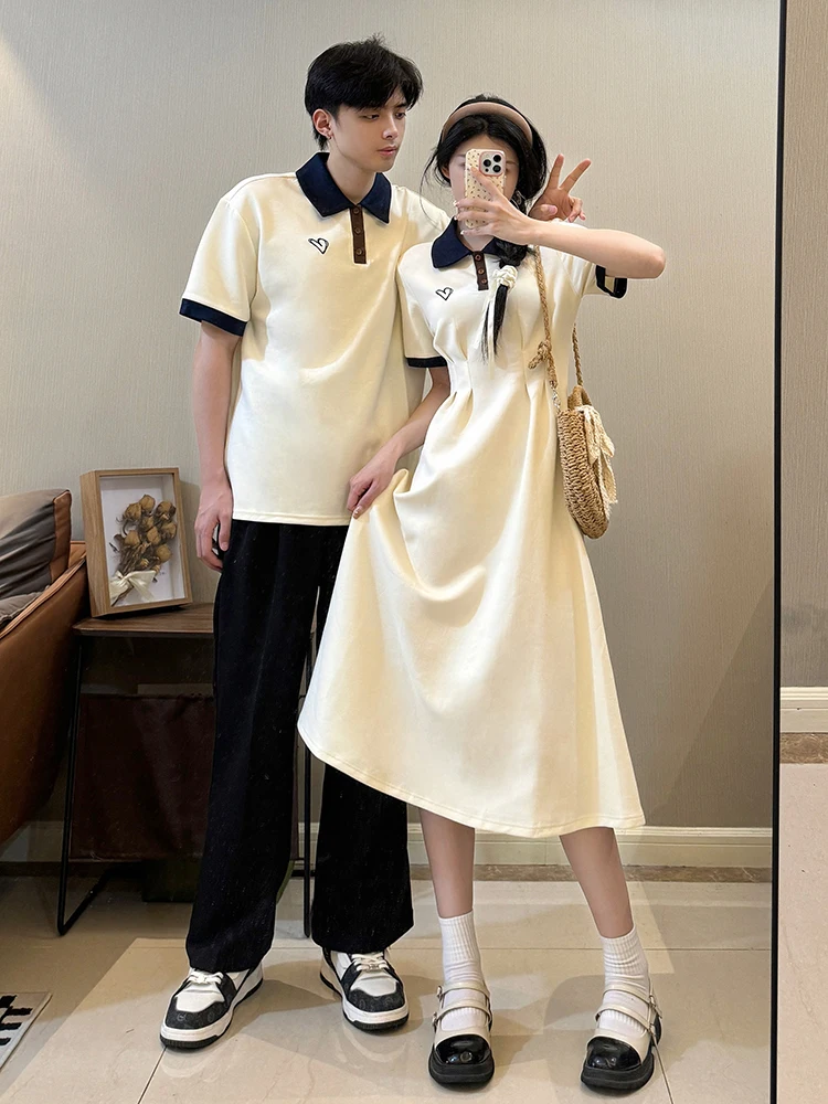Couple's  Neck Short Sleeve T-Shirt Long Dress Slimming Waist Design Summer Fashion Casual Wear for Men And Women