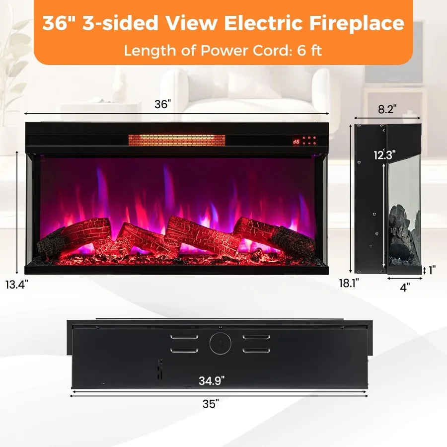 36 مدفأة كهربائية إدراج 3-Sided عرض مدفأة زجاجية مع 7 ألوان لهب عن بعد 9H الموقت ترموستات داخلي راحة F