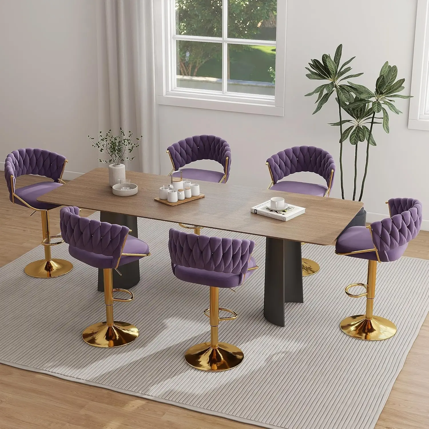 Uixe High Back 360° Swivel Bar Stools Set Of 6, Modern Adjustable Counter Height Velvet Bar Chair Golden Metal Stool,Kitchen