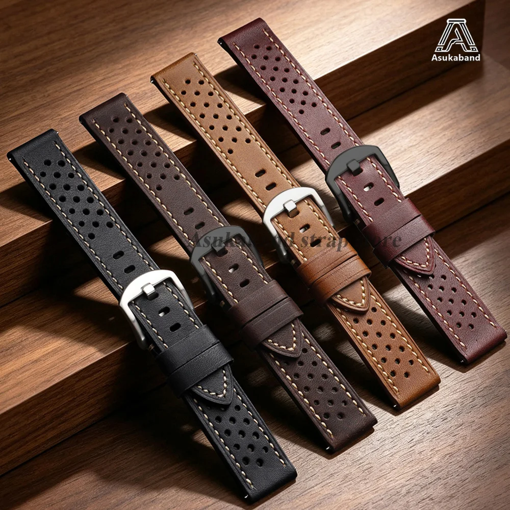 20mm 22mm Breathable Porous Retro Leather Watch Band Cowhide Watch Strap Metal Buckle Women Men Brown Black Bracelet Accessories