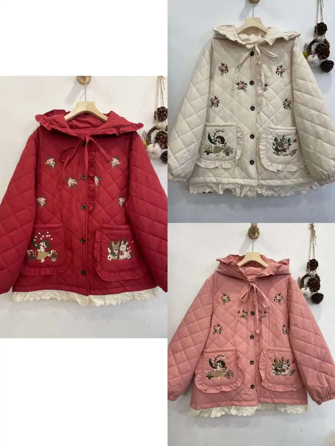 Cappotti con cappuccio imbottiti in cotone con ricamo floreale dolce ragazza giapponese Mori Donna Inverno Kawaii Patchwork di pizzo Addensare giacche Capispalla