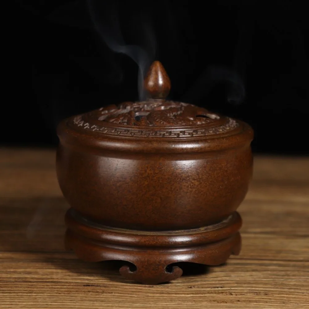 Plain, Round-Bodied Dragon-Patterned Incense Burner with Lid and Base—Study Decorative Piece and Tea Ceremony Incense Burner