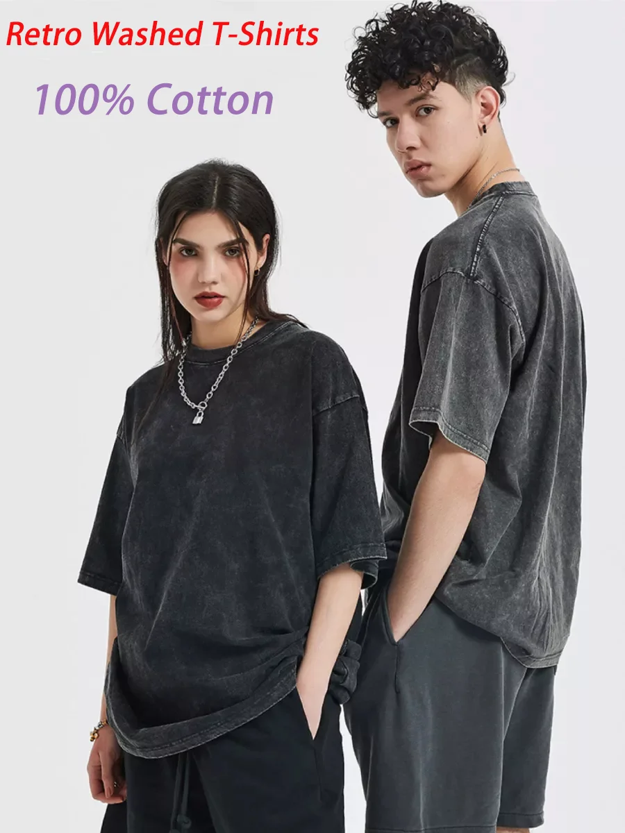 Baumwolle, weich, solide, gewaschene T-Shirts für Damen, bequeme Sommer-Tops, Street-Fashion, Sportbekleidung, übergroßer O-Ausschnitt, Unisex, kurze Ärmel
