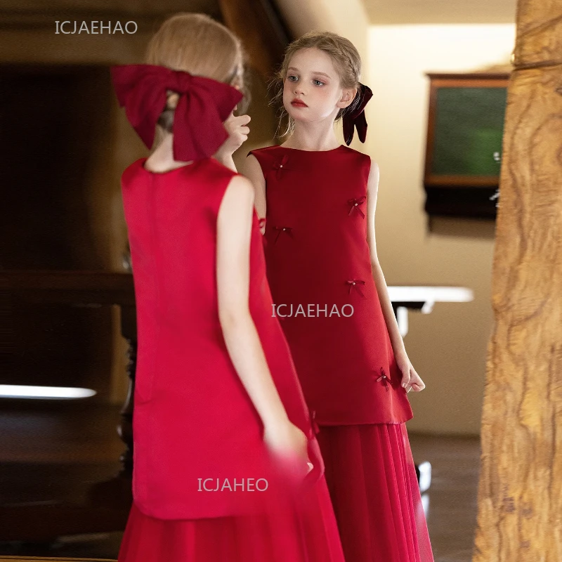

Christmas Red Girls Evening Dress Host Flower Gown Piano Performance Pageant Formal Girl Wedding Kids Birthday Party Princess