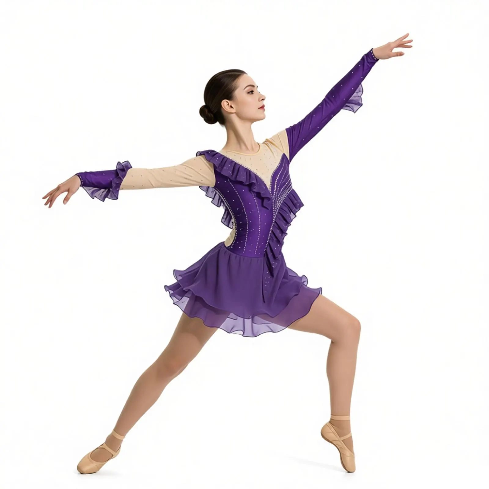 Damen Ballett Eiskunstlauf Trikot-Kleid mit Rüschen, Strass und Chiffon-Stufenrock für Gymnastik und Latein-Tanz