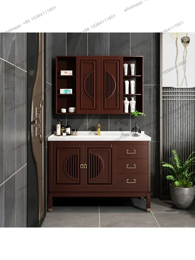 Solid wood new Chinese bathroom cabinet integrated ceramic basin feng shui mirror cabinet combined bathroom