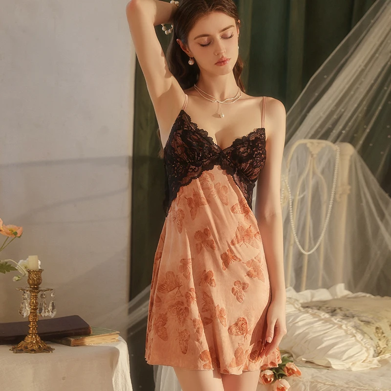 Camicia da notte sexy termica con reggiseno imbottito con finiture in pizzo floccato Puro desiderio Indumenti da notte Caldi indumenti da casa per la casa