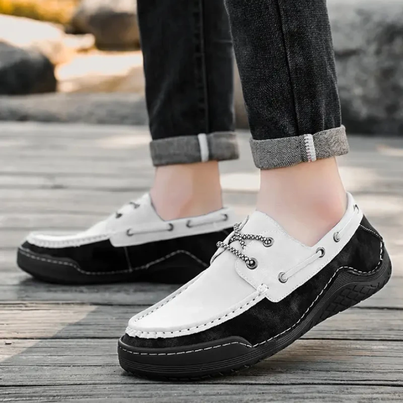 Sepatu musim semi kasual untuk pria, sepatu loafer bertali kepala bulat warna campuran, sepatu Sneakers nyaman anti selip ringan ukuran besar untuk pria