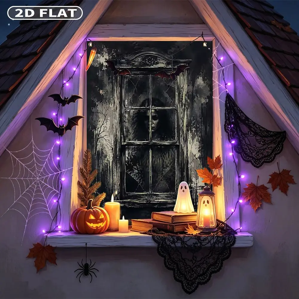 2D FLAT 1pc Party Window Cover Banner, with Ghostly Figure Behind Cracked Old Window Pane, No Power Need Home Decor