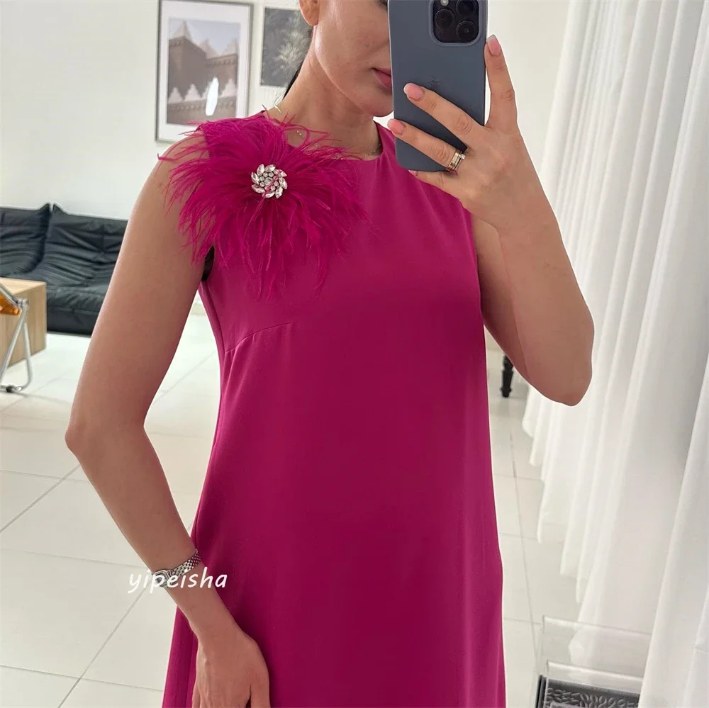 Customized Prom Gown Jersey Draped Feathers Flower Beading Party A-line O-Neck Exquisite High Quality Occasion Dresses for Women