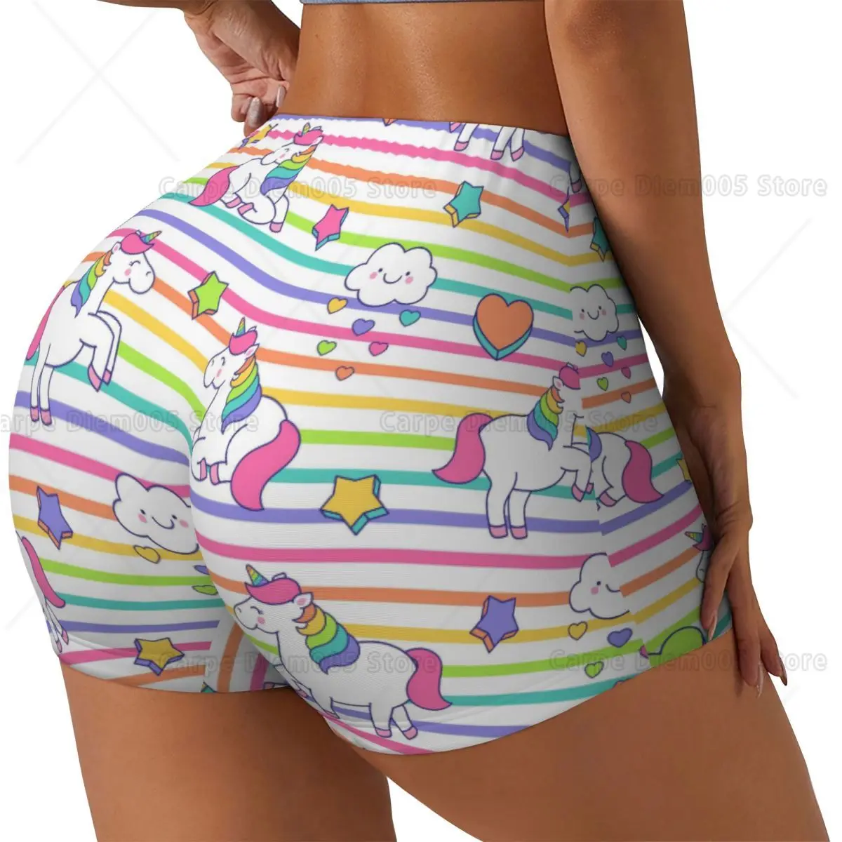 レディース ワークアウト ジム インパクトショーツ レインボーストライプ ユニコーン柄 スクランチバットリフティング ジム ヨガ ブーティーショーツ