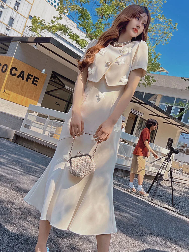 Dabuwawa Two Piece Suit Embroidery Long Trumpet Skirt Summer Women New DM1BSE022