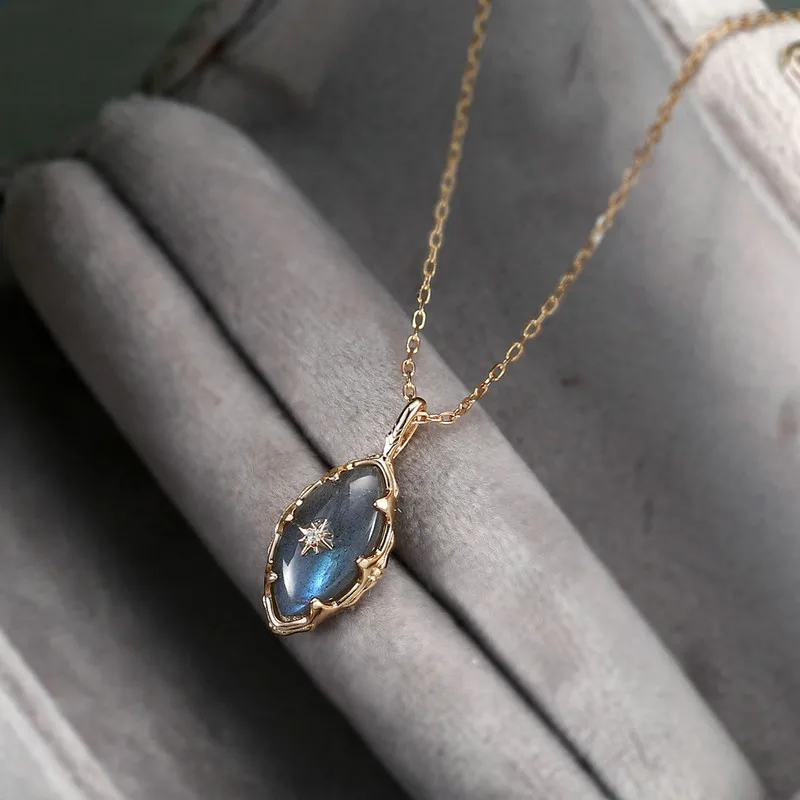 LAMOON Retro Style Bijou Pendant Necklace For Women Natural Dark Grey Labradorite 925 Sterling Silver Gold Vermeil Fine Jewelry