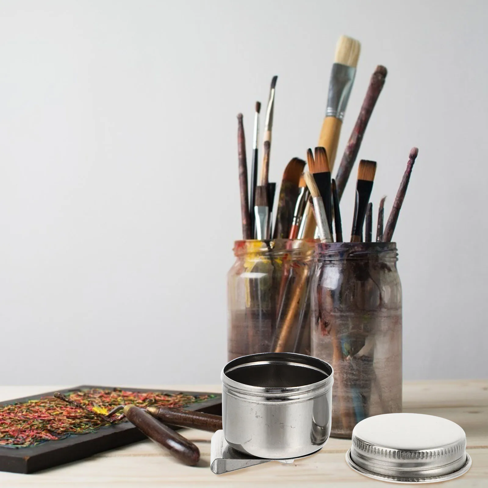 

2Pcs Paint Brush Basin Stainless Steel Wash Barrel Easy Clean and Dry for Art Projects Stainless Steel Oil Palette Cup