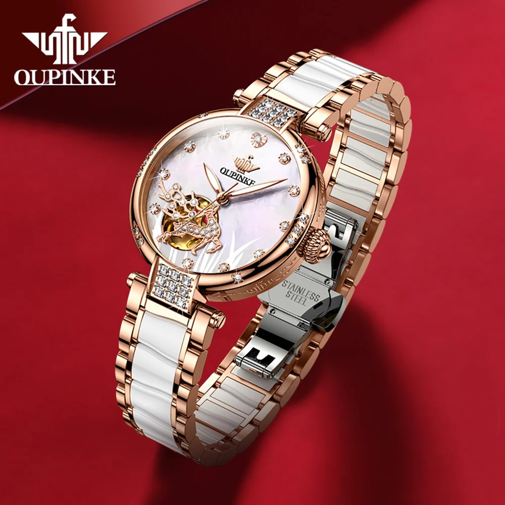 

OUPINKE Women's Watches Luxury Fashion Automatic Mechanical Wristwatch Original Japan Movement Ceramic Strap Waterproof Sapphire