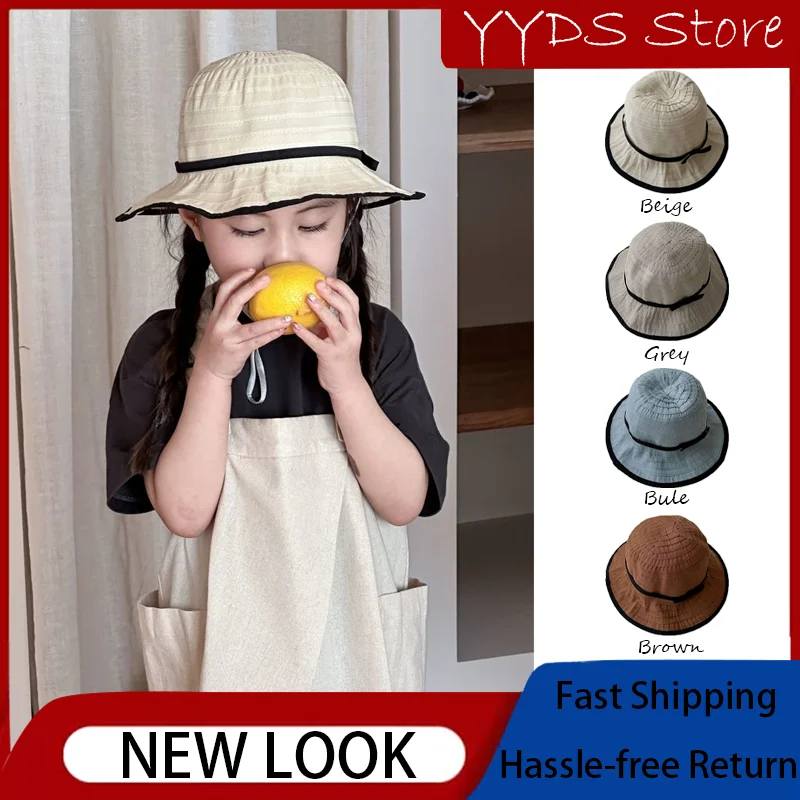 

Kids' Fisherman Hat: Spring-Summer Korean Baby Bucket Cap, Striped, Bowknot, Round Top, Sun Protection Wide Brim