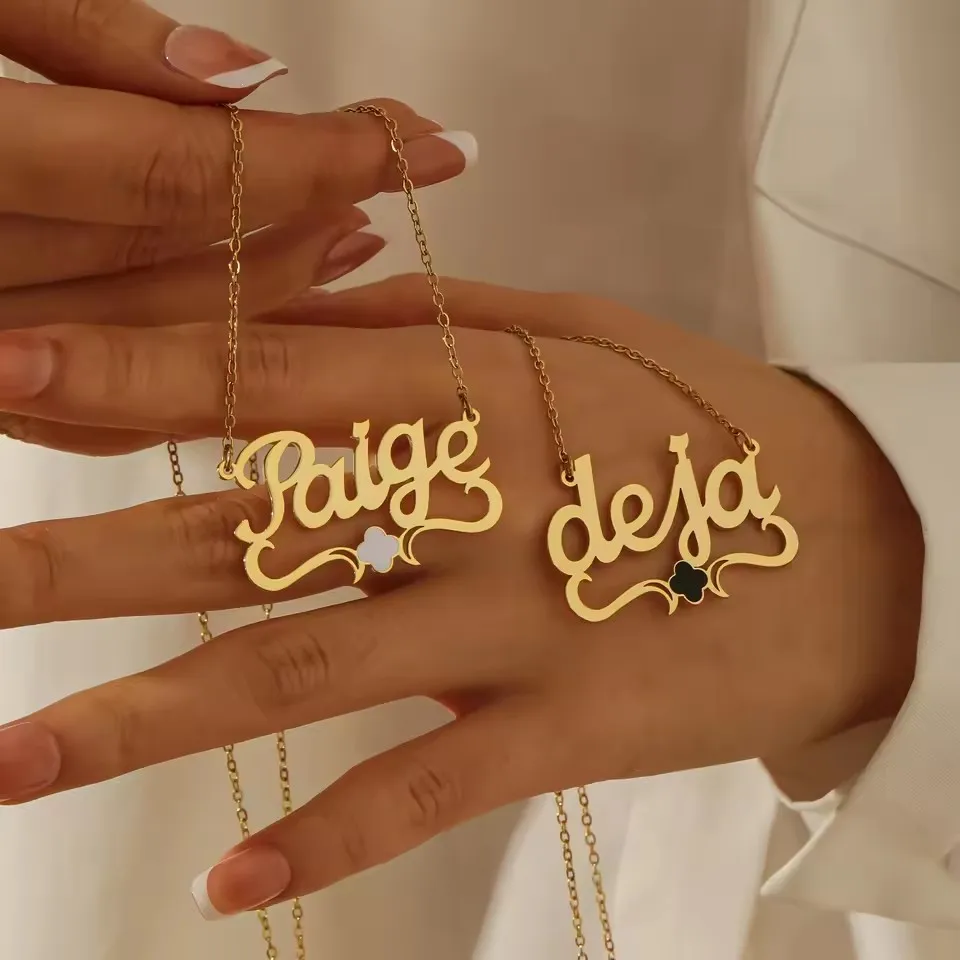 

Dascusto Custom Name Necklace Personalization 18K Gold Plated Stainless Steel Four Leaf Charms Jewelry For Womens Gifts