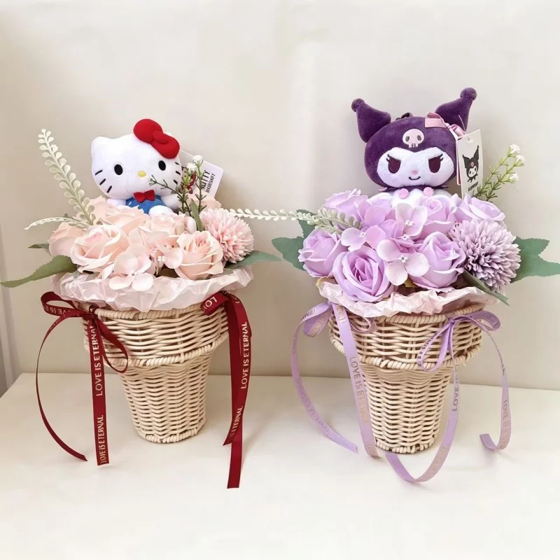 Genuine Sanrio Characters Hellokitty Kuromi Cinnamoroll Plush Dolls With Artificial Flowers Creative Flower Basket Bouquets