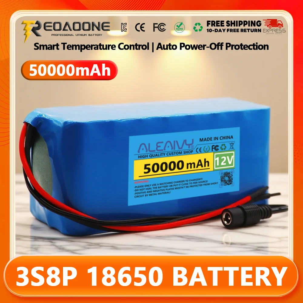 

3S8P 100% New 12V 50000mAh Battery pack 18650 lithium battery protection board for inverter miner light+BMS + 12.6V Charger