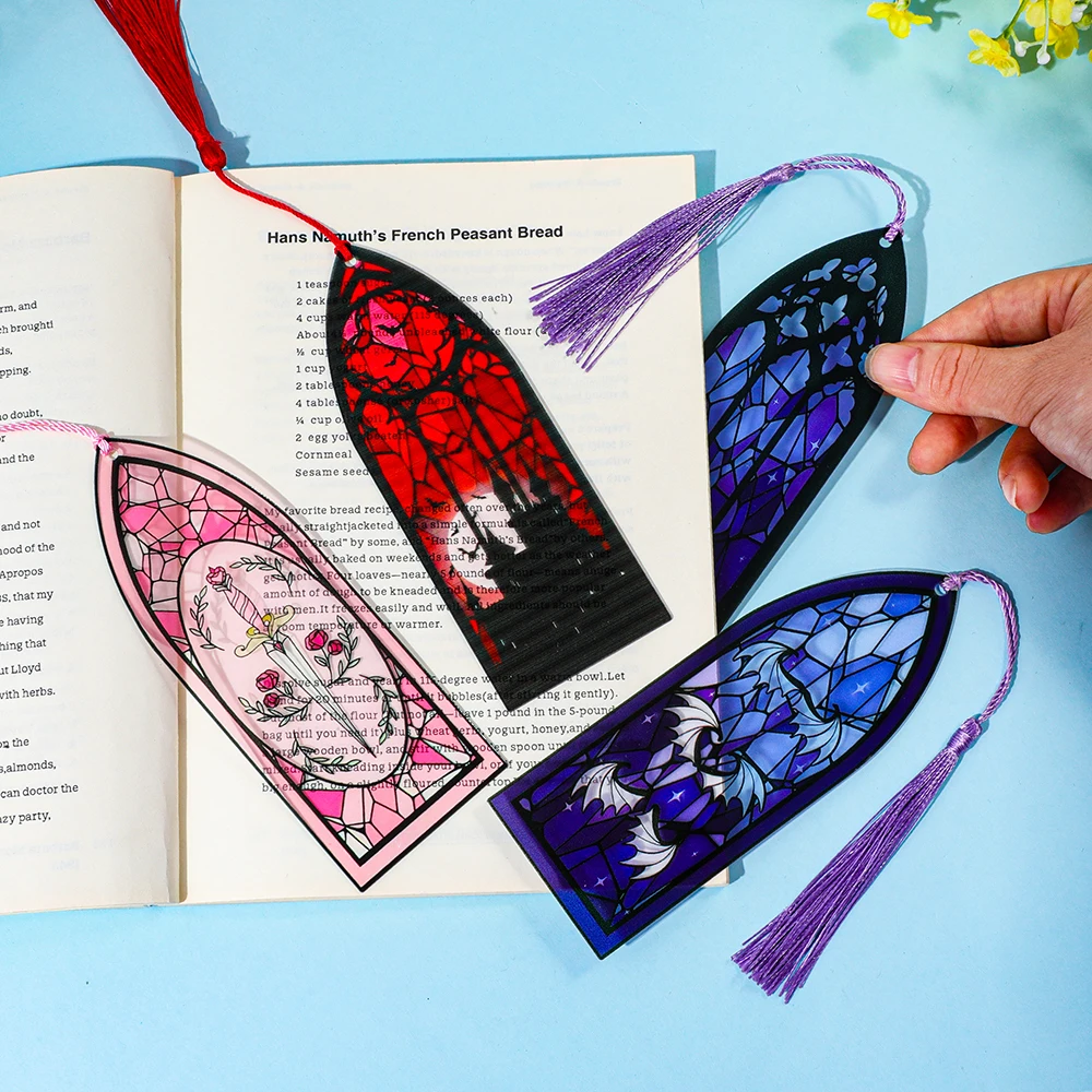Dark Gothic style bat acrylic bookmark with red, pink, and purple color scheme for book lovers, page markers, book accessories