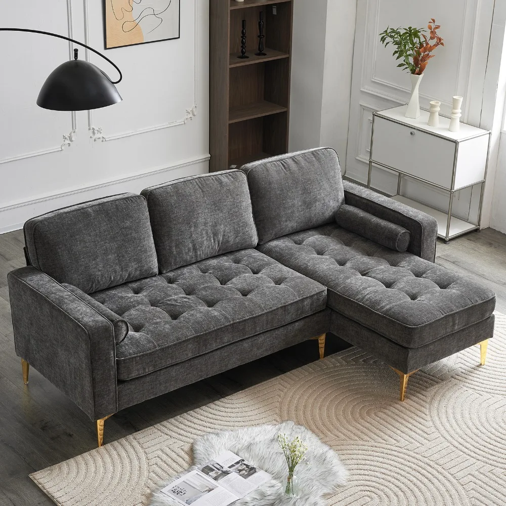

3-Seater, With Footstool Electroplated Golden Tripod Legs Indoor Modular Sofa Drak Gray, Living Room Sofas