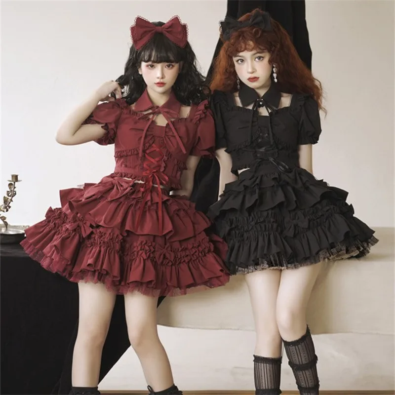 Vintage Gothic Pleated Mini Skirts Sweet Girls Red Black Skirt And Top Spring Summer 2pcs Lace-up Dress Set