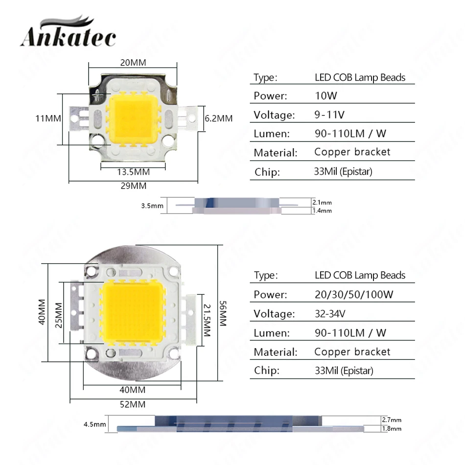 High Bright LED COB Chip Lamp Beads High Power 9-12V 10W 32-34V 20W 30W 50W 100W Copper Bracket Natural Cool Warm White Light