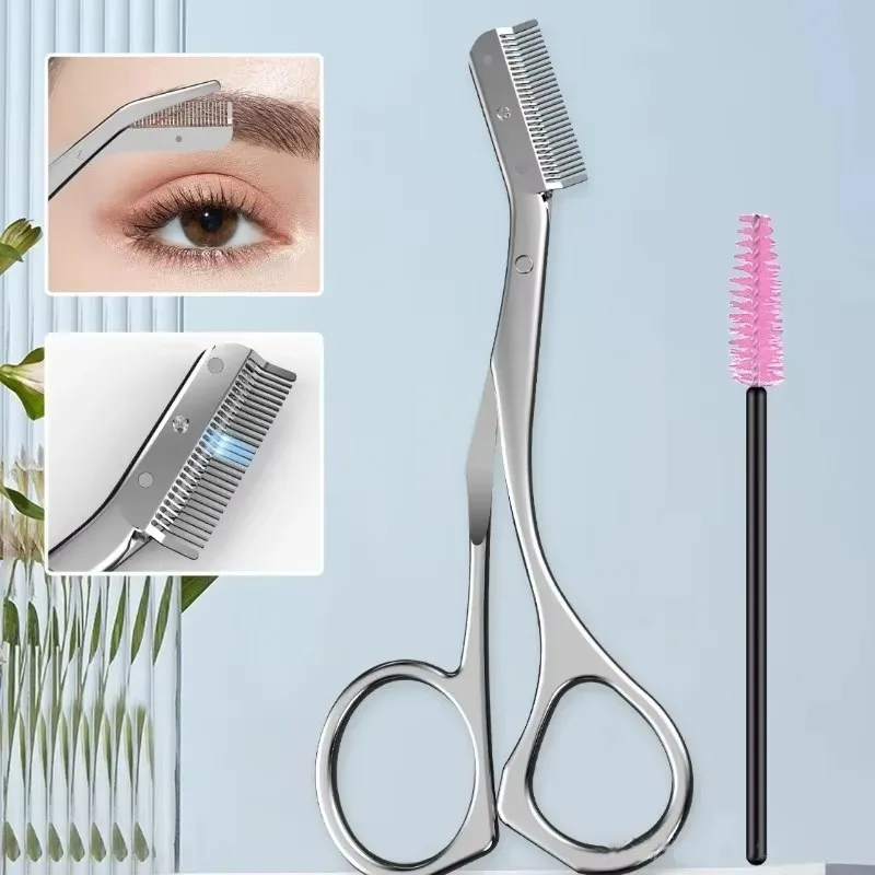 Stainless Steel Eyebrow Scissors with Comb, Makeup Trimming Shaver Tool