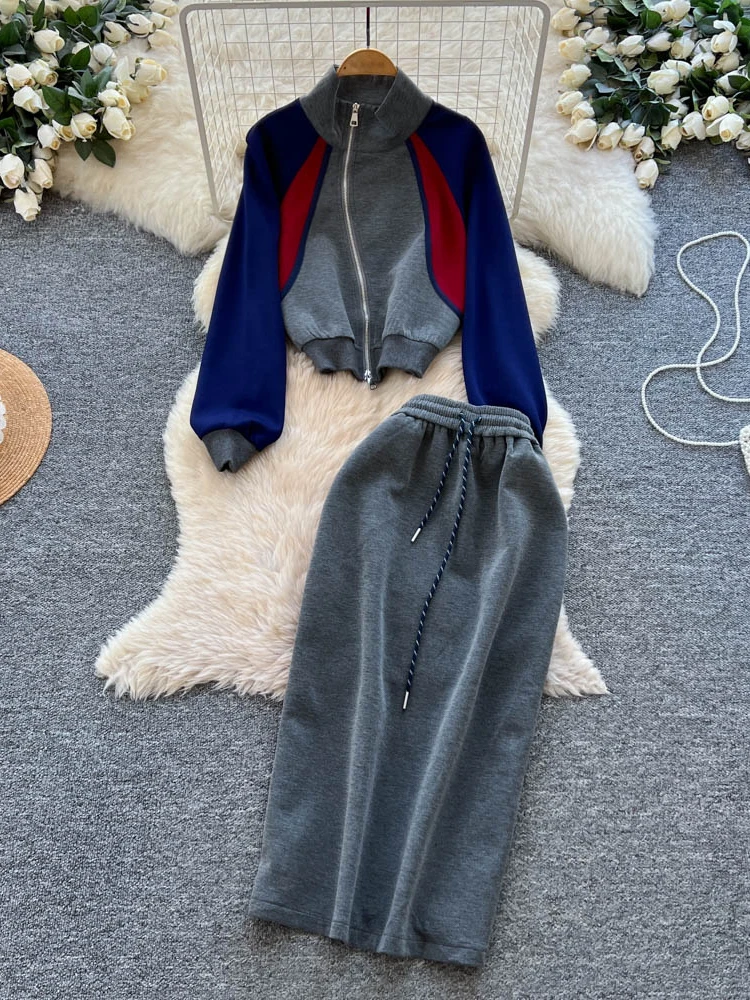 Casual Autumn Outfit Women's Faion Stand Collar Zipper Long Sve Color Blo Sweatirt Jaet High Waist  Skirt Set