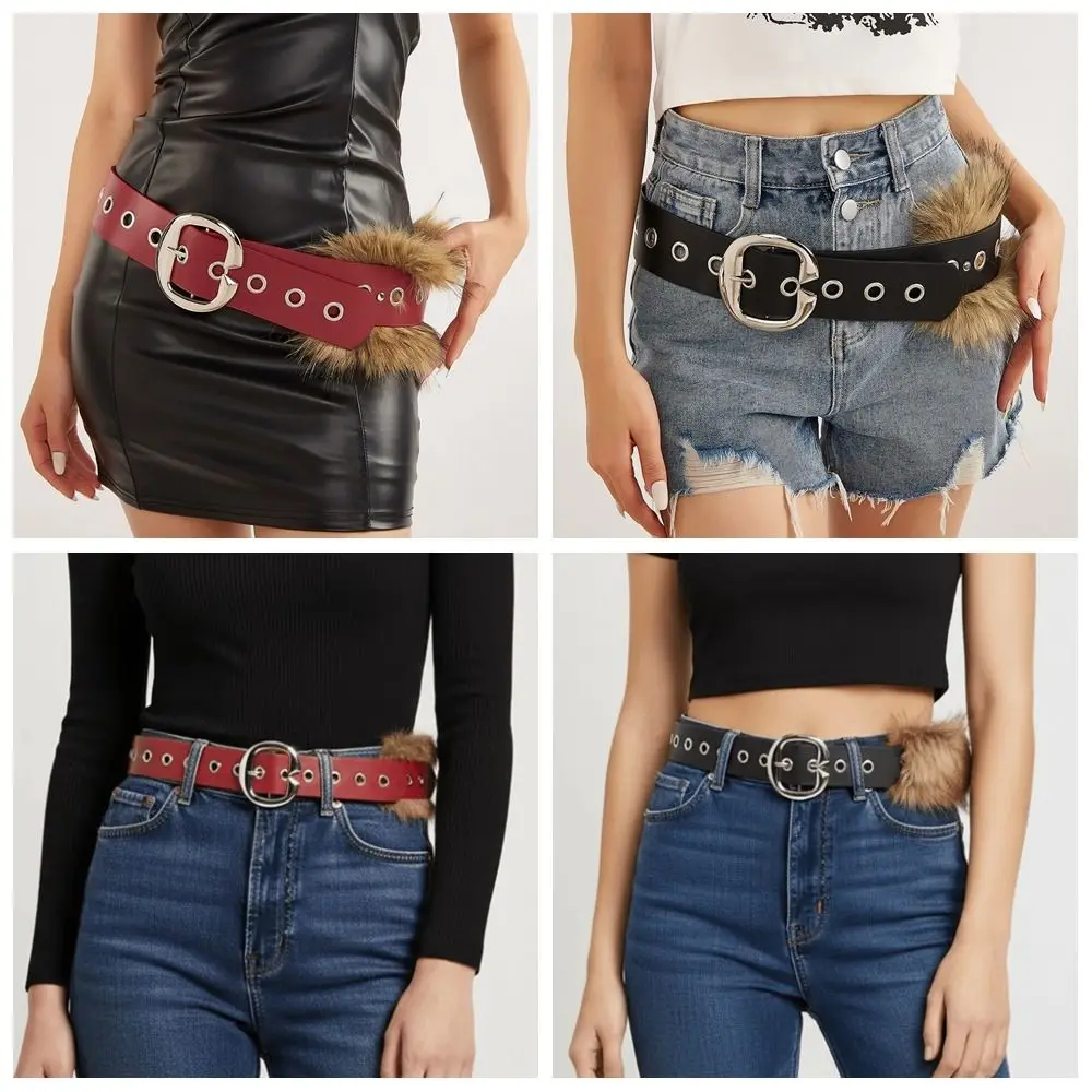 

Fashion Wide Leather Fur Belt Western Style Metal Buckle Punk Style Belt Jeans Decor Retro Y2K Waistband Pants Accessories
