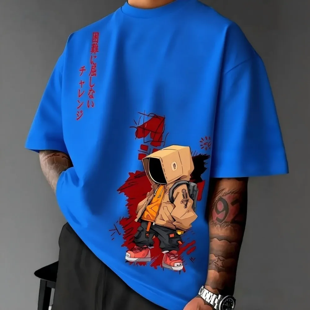 New men's summer cardboard box cartoon character letter print micro elastic breathable round neck T-shirt outdoor street top