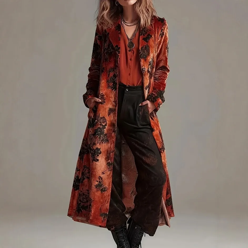 Vintage Floral Velvet Long Trench Coat for Women Notch Lapel Single Breasted Maxi Outerwear Loose Long Sleeve Casual Overcoat